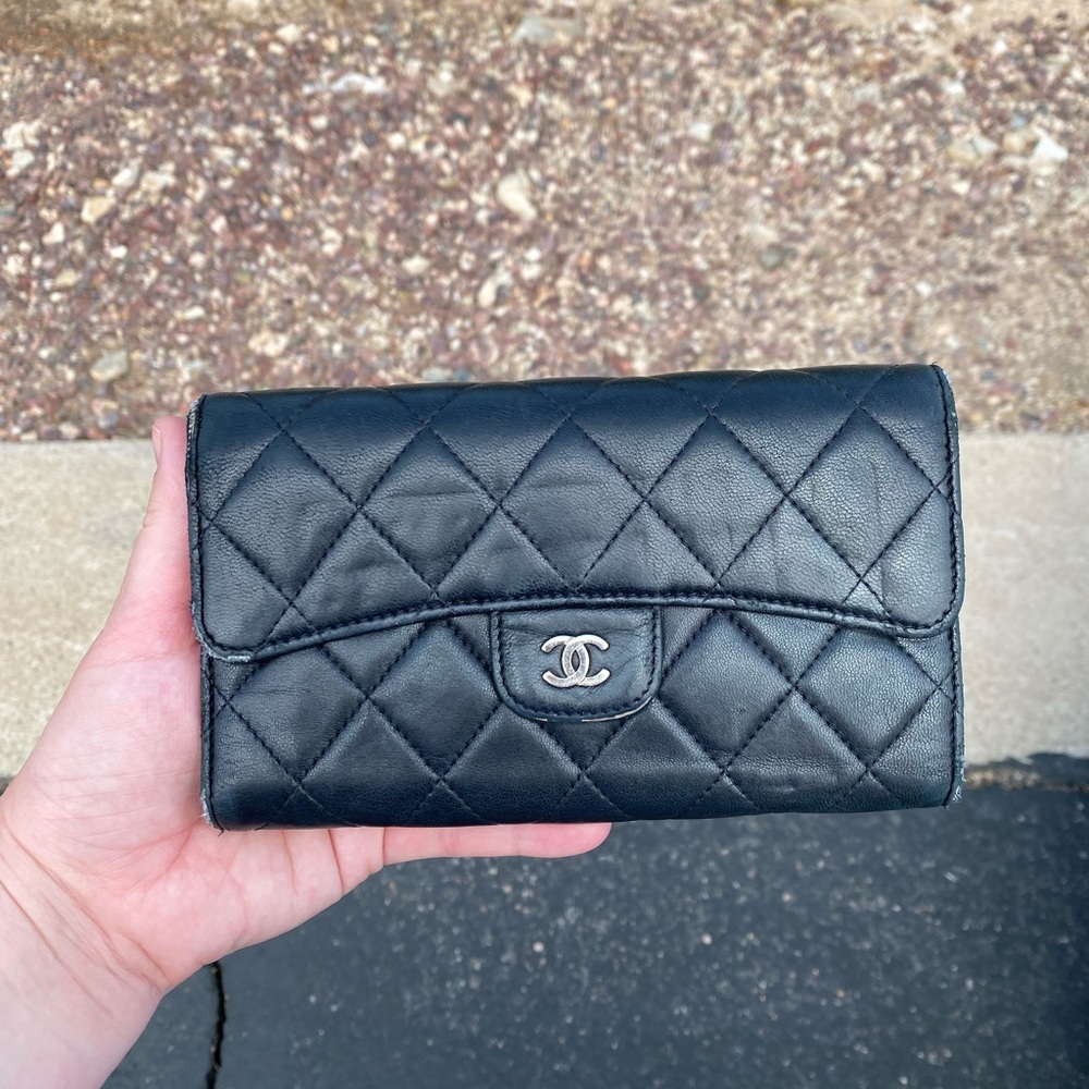 Authentic Black Chanel Lambskin Trifold Wallet
